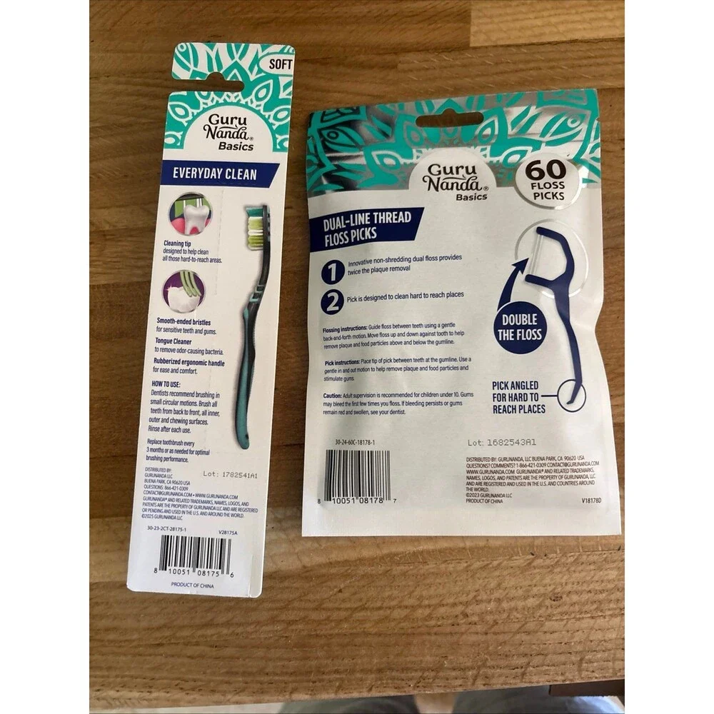 BUNDLE ONE 2 pack of GURU NADA TOOTHBRUSHES & 1 pack of GURU NADA DUAL LINED FLO